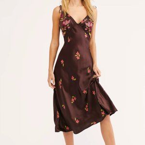 Free People Daisy Midi Slip- Silk Floral Embroidered Dress